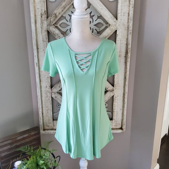 Sami & Jo Women's Short Sleeve Criss Cross V-Neck Seam Detail Top Summer Green - Picture 2 of 7
